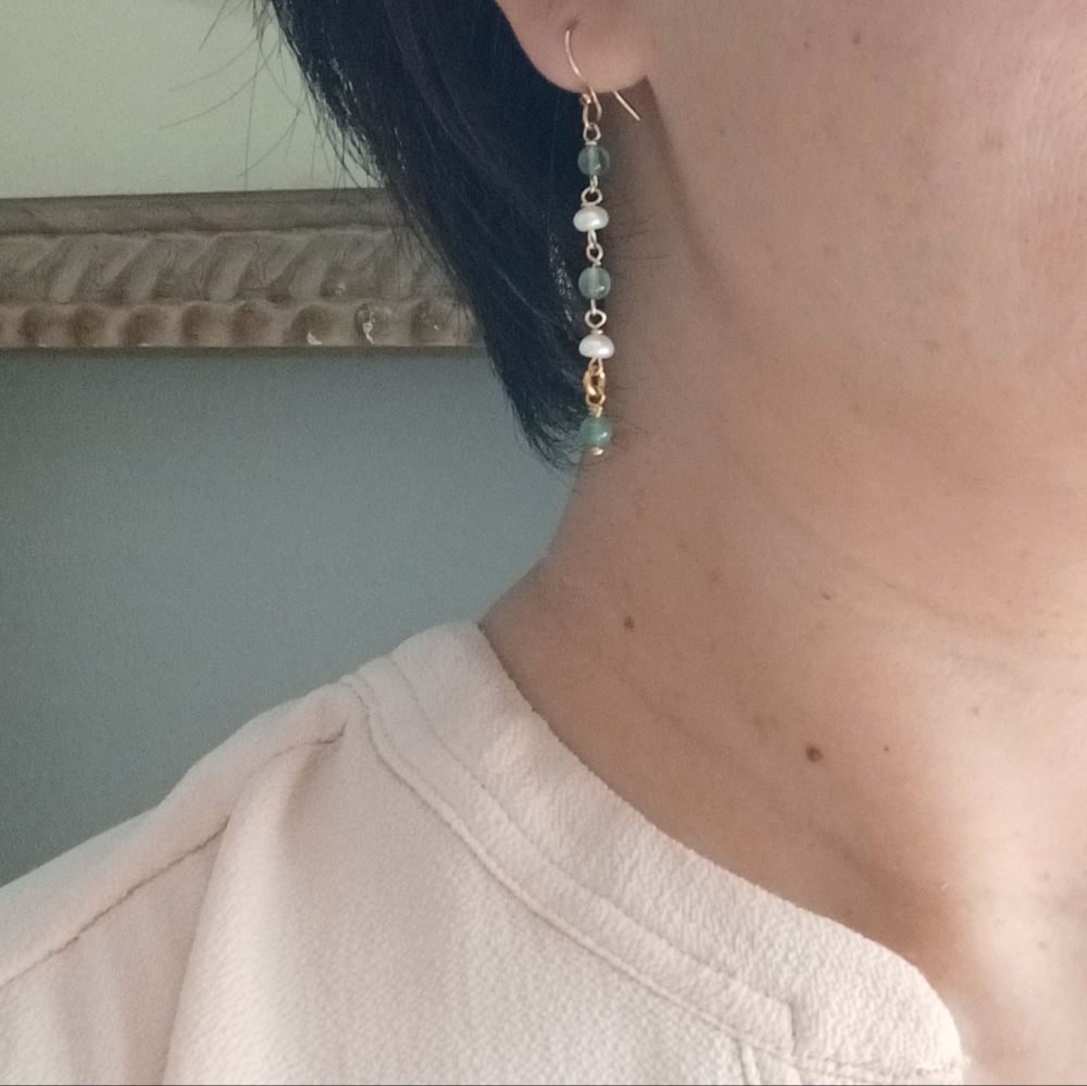 Freshwater pearl & Green agate with  Sterling silver hanging earring